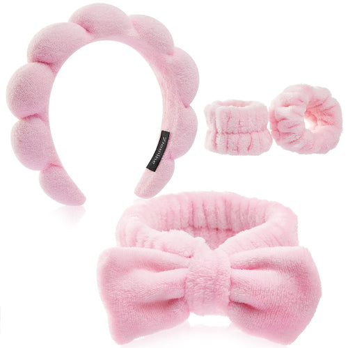 Spa headband and wristband set in black and pink